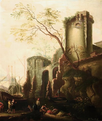 Paesaggio costiero con porto  e rovine